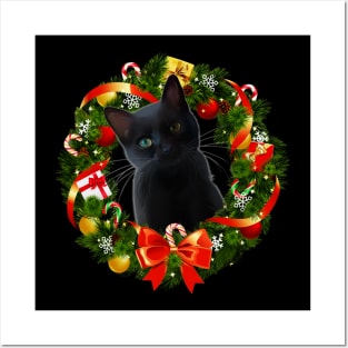 Funny Black Cat Christmas Wreath Ornament Posters and Art